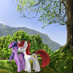 Size: 1024x1024 | Tagged: safe, artist:ba2sairus, twilight sparkle, oc, pony, unicorn, g4, canon x oc, cheek kiss, female, kissing, male, shipping, straight, unicorn twilight