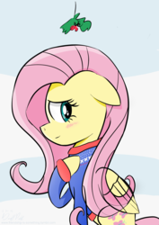 Size: 2001x2830 | Tagged: safe, artist:deafpunk, fluttershy, g4, blushing, bottomless, christmas, clothes, female, high res, holly, holly mistaken for mistletoe, partial nudity, solo, sweater, sweatershy