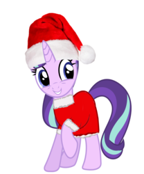 Size: 5000x6003 | Tagged: safe, artist:sunsetshimmer333, starlight glimmer, pony, unicorn, g4, absurd resolution, christmas, clothes, cute, female, glimmerbetes, hat, holiday, mare, raised hoof, santa costume, santa hat, smiling, solo