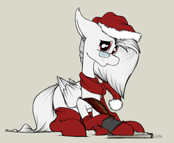Size: 1314x1081 | Tagged: safe, artist:sinrar, oc, oc only, oc:whiter penmanship, pegasus, pony, clothes, glasses, hat, quill, santa hat, scarf, socks, solo