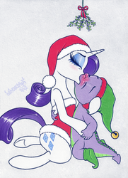 Size: 1088x1504 | Tagged: safe, artist:dubstepina, rarity, spike, dragon, pony, unicorn, semi-anthro, g4, blushing, christmas, clothes, costume, duo, elf costume, eyes closed, female, holiday, interspecies, kiss on the lips, kissing, leotard, making out, male, mare, mistletoe, santa costume, sexy, sexy santa costume, ship:sparity, shipping, signature, straight