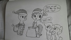 Size: 1280x720 | Tagged: safe, artist:tjpones, oc, oc only, oc:brownie bun, oc:gerdie, earth pony, griffon, pony, horse wife, bag, bipedal, boots, chest fluff, christmas, clothes, colt, costume, dialogue, ear fluff, female, filly, foal, grayscale, hat, holiday, male, mare, monochrome, present, pun, santa costume, santa hat, shoes, speech bubble, standing, traditional art, unamused