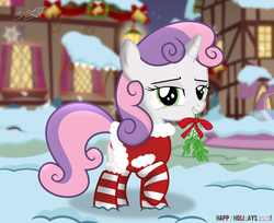 Size: 1830x1493 | Tagged: safe, artist:shutterflyeqd, sweetie belle, pony, unicorn, g4, bedroom eyes, christmas, clothes, coat, female, looking at you, mistletoe, mouth hold, ponyville, snow, socks, solo, striped socks