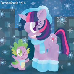 Size: 700x700 | Tagged: safe, artist:caramelcookie, spike, twilight sparkle, g4, christmas
