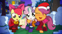 Size: 3464x1942 | Tagged: safe, artist:rainihorn, apple bloom, scootaloo, sweetie belle, earth pony, pegasus, pony, unicorn, g4, adorabloom, apple bloom's bow, blushing, boots, bow, cape, caroling, clothes, cute, cutealoo, cutie mark crusaders, diasweetes, eyes closed, female, filly, foal, glowing, glowing horn, hair bow, hat, horn, magic, magic aura, open mouth, paper, santa hat, scarf, show accurate, signature, singing, snow, snowfall, socks, sweater, telekinesis, wing gloves