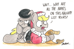 Size: 1920x1277 | Tagged: safe, artist:bobthedalek, oc, oc only, oc:mixed melody, oc:octavia's father, oc:octavia's mother, oc:ostinato melody, earth pony, pony, clothes, duo, list, santa costume, traditional art, unamused