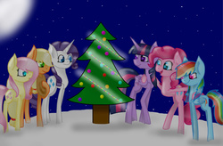 Size: 832x546 | Tagged: safe, artist:madelyn7, applejack, fluttershy, pinkie pie, rainbow dash, rarity, twilight sparkle, alicorn, pony, g4, christmas, christmas tree, female, mane six, mare, tree, twilight sparkle (alicorn), winter