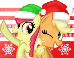 Size: 3840x3029 | Tagged: safe, artist:bronyhands, apple bloom, applejack, g4, christmas, hat, high res, santa hat, sisters, wink