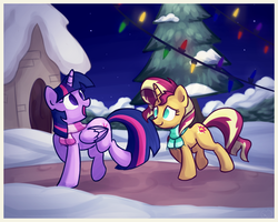 Size: 1000x800 | Tagged: safe, artist:xwreathofroses, sunset shimmer, twilight sparkle, alicorn, pony, unicorn, g4, christmas, christmas lights, clothes, colored pupils, cute, duo, looking back, looking up, night, no catchlights, open mouth, raised hoof, raised leg, scarf, shadow, smiling, snow, twilight sparkle (alicorn), walking