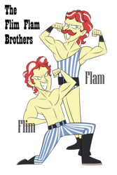 Size: 1200x1800 | Tagged: safe, artist:mofetafrombrooklyn, flam, flim, equestria girls, g4, aiden english, armpits, clothes, duo, duo male, flim flam brothers, male, muscles, nxt, pose, simon gotch, the vaudevillains, topless, vaudevillains, wrestling, wwe
