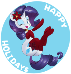 Size: 1000x1049 | Tagged: safe, artist:hidden-cat, rarity, pony, unicorn, g4, bell, butt, christmas, clothes, female, flower, flower in hair, looking at you, one eye closed, open mouth, plot, ribbon, smiling, socks, solo, thigh highs, wink