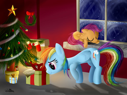 Size: 3005x2250 | Tagged: safe, artist:colonelwalther, rainbow dash, scootaloo, g4, christmas, christmas tree, hearth's warming eve, high res, present, scootalove, sleeping, tree, wreath