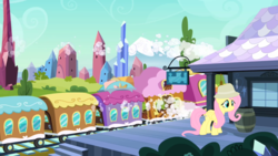 Size: 1366x768 | Tagged: safe, artist:ashi85, fluttershy, pegasus, pony, g4, friendship express, locomotive, steam locomotive, train