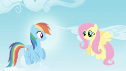 Size: 1366x768 | Tagged: safe, artist:ashi85, fluttershy, rainbow dash, pegasus, pony, g4, female, flying, mare