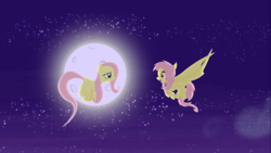 Size: 1366x768 | Tagged: safe, artist:ashi85, fluttershy, bat pony, pony, g4, flutterbat, moon, night, self ponidox