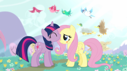 Size: 1366x768 | Tagged: safe, artist:ashi85, fluttershy, twilight sparkle, g4, nuzzling