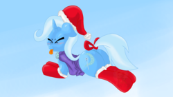 Size: 2697x1517 | Tagged: safe, artist:lkweb, trixie, pony, unicorn, g4, :p, blushing, butt, christmas, clothes, dock, eyes closed, female, hat, mare, plot, prone, raspberry, santa hat, socks, solo, stockings, tail bow, tongue out, tsundere