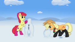 Size: 3840x2160 | Tagged: safe, artist:redquoz, apple bloom, applejack, earth pony, pony, g4, boots, clothes, duo, duo female, ear fluff, female, filly, hat, high res, mare, scarf, sisters, snow, snowpony, socks