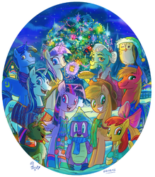 Size: 739x845 | Tagged: safe, artist:jowyb, apple bloom, applejack, big macintosh, granny smith, night light, owlowiscious, shining armor, spike, twilight sparkle, twilight velvet, winona, alicorn, pony, g4, apple family, christmas, female, food, levitation, magic, mare, pie, sparkle family, spike's family, telekinesis, twilight sparkle (alicorn)