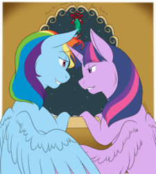 Size: 1000x1109 | Tagged: safe, artist:kourabiedes, rainbow dash, twilight sparkle, alicorn, pony, g4, female, imminent kissing, lesbian, mare, mistletoe, ship:twidash, shipping, twilight sparkle (alicorn)