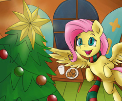 Size: 1024x843 | Tagged: safe, artist:megagibs, fluttershy, pegasus, semi-anthro, g4, christmas, christmas tree, clothes, cute, excited, female, floating, hearth's warming eve, mare, milk and cookies, open mouth, open smile, scarf, shyabetes, smiling, solo, spread wings, tree