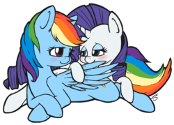 Size: 868x623 | Tagged: safe, artist:silver1kunai, rainbow dash, rarity, pegasus, pony, unicorn, g4, blushing, cuddling, cute, female, lesbian, mare, preening, ship:raridash, shipping, snuggling