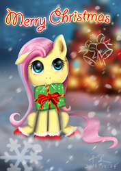 Size: 3507x4960 | Tagged: safe, artist:starlightyu, fluttershy, g4, bells, christmas, christmas tree, clothes, female, looking at you, merry christmas, present, sitting, snow, snowfall, socks, solo, tree