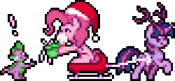 Size: 344x160 | Tagged: safe, artist:mrponiator, pinkie pie, spike, twilight sparkle, g4, antlers, christmas, gif, hat, non-animated gif, pixel art, ponk, santa hat, simple background, sleigh, sprite, transparent background