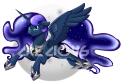 Size: 1024x702 | Tagged: safe, artist:crecious, princess luna, alicorn, pony, g4, female, mare, moon, solo, watermark