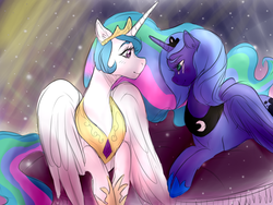 Size: 800x600 | Tagged: safe, artist:walnutspice, princess celestia, princess luna, g4, crying, prone, s1 luna, sisters, smiling