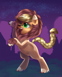 Size: 1200x1493 | Tagged: safe, artist:nalenthi, artist:notenoughapples, applejack, g4, applelion, clothes, collaboration, female, night, open mouth, rearing, solo