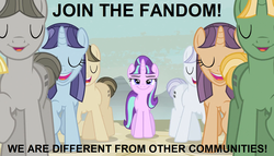 Size: 1479x848 | Tagged: safe, screencap, amethyst skim, blueberry frosting, starlight glimmer, white marble, earth pony, pony, unicorn, g4, the cutie map, blatant lies, cult, eyes closed, female, grin, image macro, join the herd, male, mare, meme, open mouth, propaganda, sarcasm, satire, smiling, stallion
