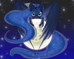 Size: 2500x2000 | Tagged: safe, artist:arcuswind, princess luna, g4, female, high res, looking at you, moon, solo, spread wings, tangible heavenly object