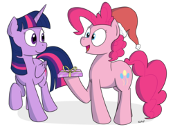 Size: 1795x1313 | Tagged: safe, artist:rapidstrike, pinkie pie, twilight sparkle, alicorn, pony, g4, christmas, duo, female, gift giving, hat, mare, present, santa hat, simple background, twilight sparkle (alicorn)