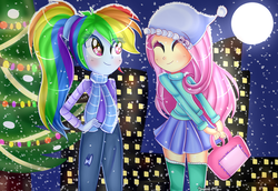 Size: 1983x1366 | Tagged: safe, artist:vixelzf, fluttershy, rainbow dash, human, equestria girls, g4, christmas, clothes, eyes closed, humanized, pony coloring, ponytail, scarf, skirt, smiling, socks, starry eyes, sweater, sweatershy, thigh highs, thigh socks, wingding eyes, zettai ryouiki