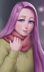Size: 1172x1920 | Tagged: safe, artist:lvl, fluttershy, human, g4, clothes, female, humanized, scarf, solo, sweater, sweatershy, wrong eye color