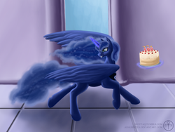 Size: 1600x1200 | Tagged: safe, artist:adalbertus, princess luna, alicorn, pony, g4, cake, female, food, magic, mare, running, solo, telekinesis