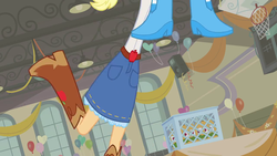 Size: 1280x720 | Tagged: safe, screencap, applejack, pinkie pie, equestria girls, g4, my little pony equestria girls, balloon, boots, cowboy boots, great moments in animation, high heel boots, smear frame, stretchy