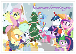 Size: 1400x1000 | Tagged: safe, artist:dm29, applejack, fluttershy, pinkie pie, princess cadance, rainbow dash, rarity, shining armor, spike, twilight sparkle, pony, g4, advent calendar, christmas, christmas tree, holiday horse days, mane seven, mane six, snow, tree