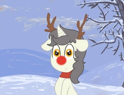 Size: 850x650 | Tagged: safe, artist:lion-grey, oc, oc only, oc:short fuse, confused, male, red nose, reindeer antlers, snow, solo