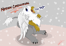 Size: 3035x2149 | Tagged: safe, artist:kassc, oc, oc only, oc:der, griffon, chirp, claws, cute, high res, merry christmas, open mouth, snow, snowfall, solo