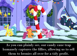 Size: 1280x938 | Tagged: safe, screencap, lemon hearts, ruby pinch, scootaloo, g4, hearth's warming eve (episode), brony, candy, candy cane, captured, food, hearth's warming eve, meme, stuck, text, tongue out, tongue stuck, tongue stuck to pole, trapped, winter