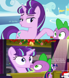Size: 1418x1600 | Tagged: safe, artist:porygon2z, artist:xebck, edit, hundreds of users filter this tag, screencap, vector edit, rarity, spike, starlight glimmer, twilight sparkle, alicorn, dragon, pony, unicorn, g4, angry, bedroom eyes, christmas, cloudsdale, discovery family logo, female, flirting, hat, hearth's warming, interspecies, jealous, kiss edit, kiss on the lips, kissing, love triangle, male, mare, mistletoe, santa hat, screencap comic, ship:sparlight, shipping, spike gets all the mares, straight, twilight sparkle (alicorn), twilight sparkle's slide, vector