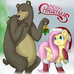 Size: 1600x1600 | Tagged: safe, artist:mondlichtkatze, fluttershy, harry, bear, pegasus, pony, g4, blushing, christmas, clothes, female, harryshy, hat, holly, holly mistaken for mistletoe, mare, santa hat, snow, snowfall, socks, stockings, striped socks