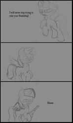 Size: 1920x3253 | Tagged: artist needed, safe, starlight glimmer, twilight sparkle, g4, the cutie re-mark, alternate timeline, comic, dialogue, gun, levitation, magic, pencil drawing, self-levitation, shame, shotgun, telekinesis, traditional art, weapon