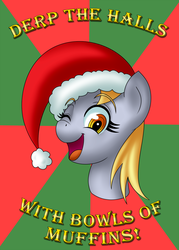 Size: 1000x1400 | Tagged: safe, artist:outofworkderpy, derpy hooves, pegasus, pony, g4, abstract background, bust, christmas, cute, derp, derpabetes, female, food, hat, hearth's warming eve, mare, muffin, one eye closed, santa hat, singing, solo, sunburst background