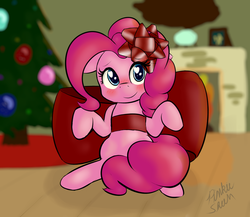 Size: 1200x1040 | Tagged: safe, artist:pinkiesheen, pinkie pie, g4, bandeau, blushing, bow, christmas, cute, diapinkes, female, heart eyes, present, solo, wingding eyes