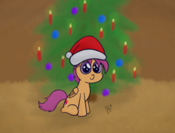 Size: 3688x2797 | Tagged: safe, artist:123turtleshell, scootaloo, pegasus, pony, g4, candle, christmas, christmas tree, female, filly, foal, folded wings, hat, high res, santa hat, signature, silly, sitting, solo, the cmc's cutie marks, tree, wings