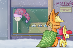 Size: 1280x853 | Tagged: safe, artist:heir-of-rick, part of a set, apple bloom, applejack, daily apple pony, g4, cloak, clothes, eyes closed, impossibly large ears, smiling, snow, snowfall, store, younger