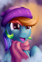 Size: 3900x5700 | Tagged: safe, artist:grennadder, rainbow dash, g4, absurd resolution, clothes, female, hat, portrait, scarf, solo, winter outfit